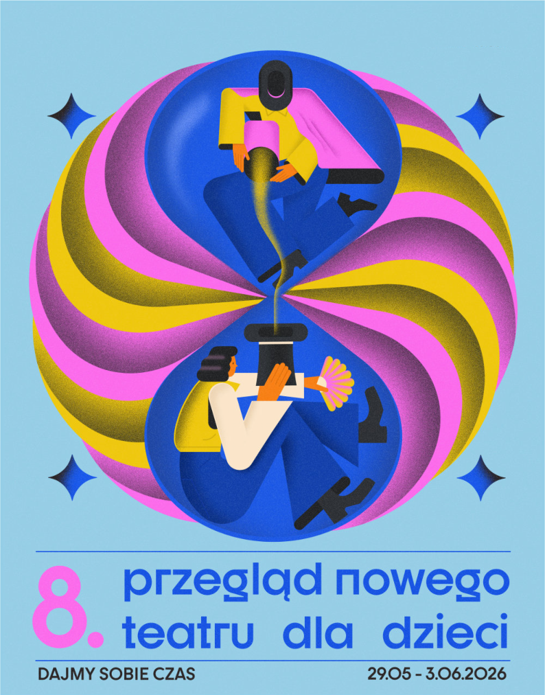 Plakat 8 Przeglądu nowego teatru dla dzieci. Rozeta w dwóch kolorach. W środku 2 postaci trzymajace klepsydre z przesypujacym sie piaskiem